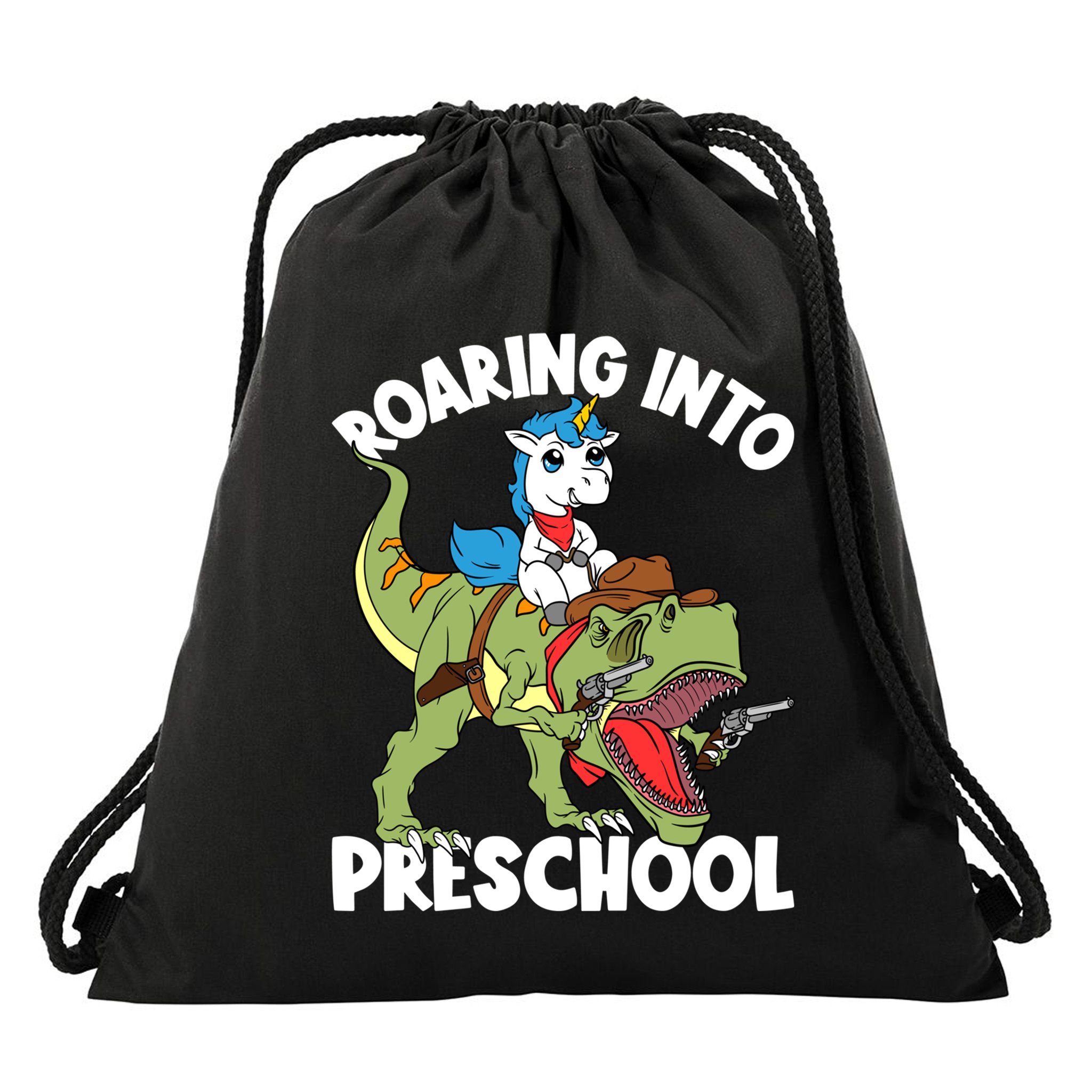 Roaring Into Preschool Unicorn Riding Dinosaur Great Gift Drawstring Bag