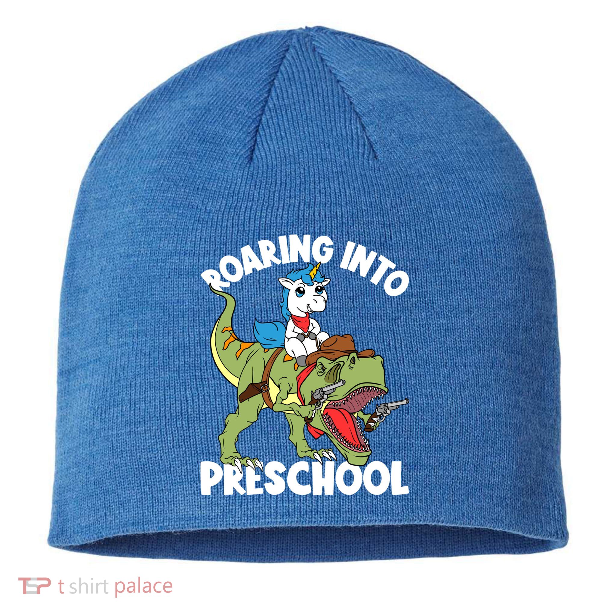 Roaring Into Preschool Unicorn Riding Dinosaur Great Gift Sustainable Beanie