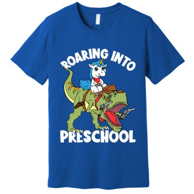 Roaring Into Preschool Unicorn Riding Dinosaur Great Gift Premium T-Shirt