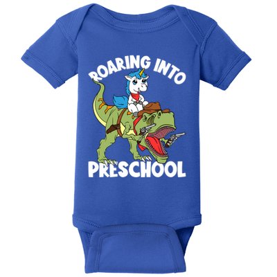 Roaring Into Preschool Unicorn Riding Dinosaur Great Gift Baby Bodysuit