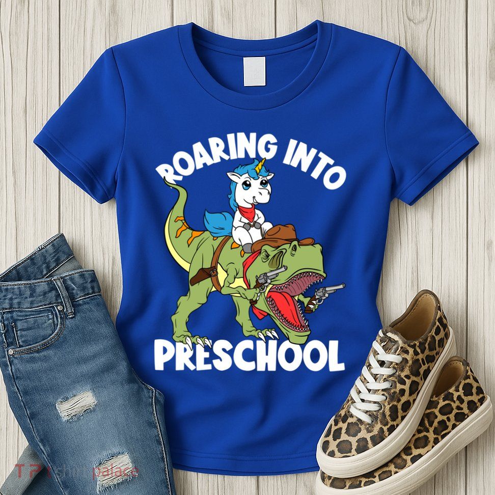 Roaring Into Preschool Unicorn Riding Dinosaur Great Gift Womens T-Shirt