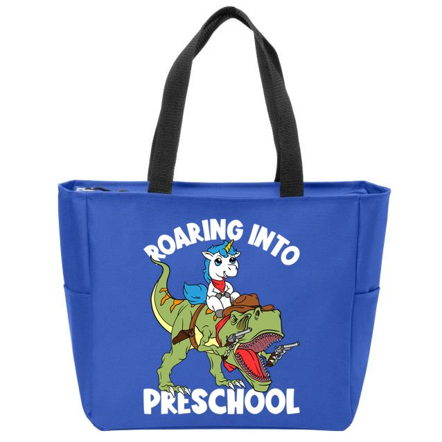 Roaring Into Preschool Unicorn Riding Dinosaur Great Gift Zip Tote Bag