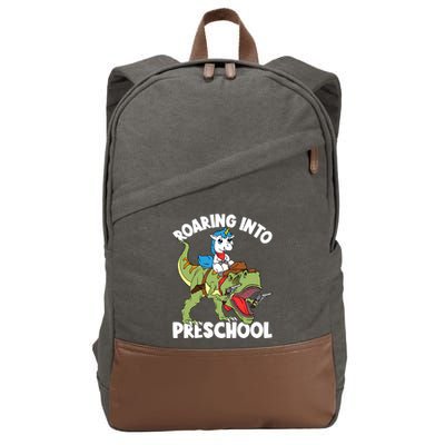 Roaring Into Preschool Unicorn Riding Dinosaur Great Gift Cotton Canvas Backpack