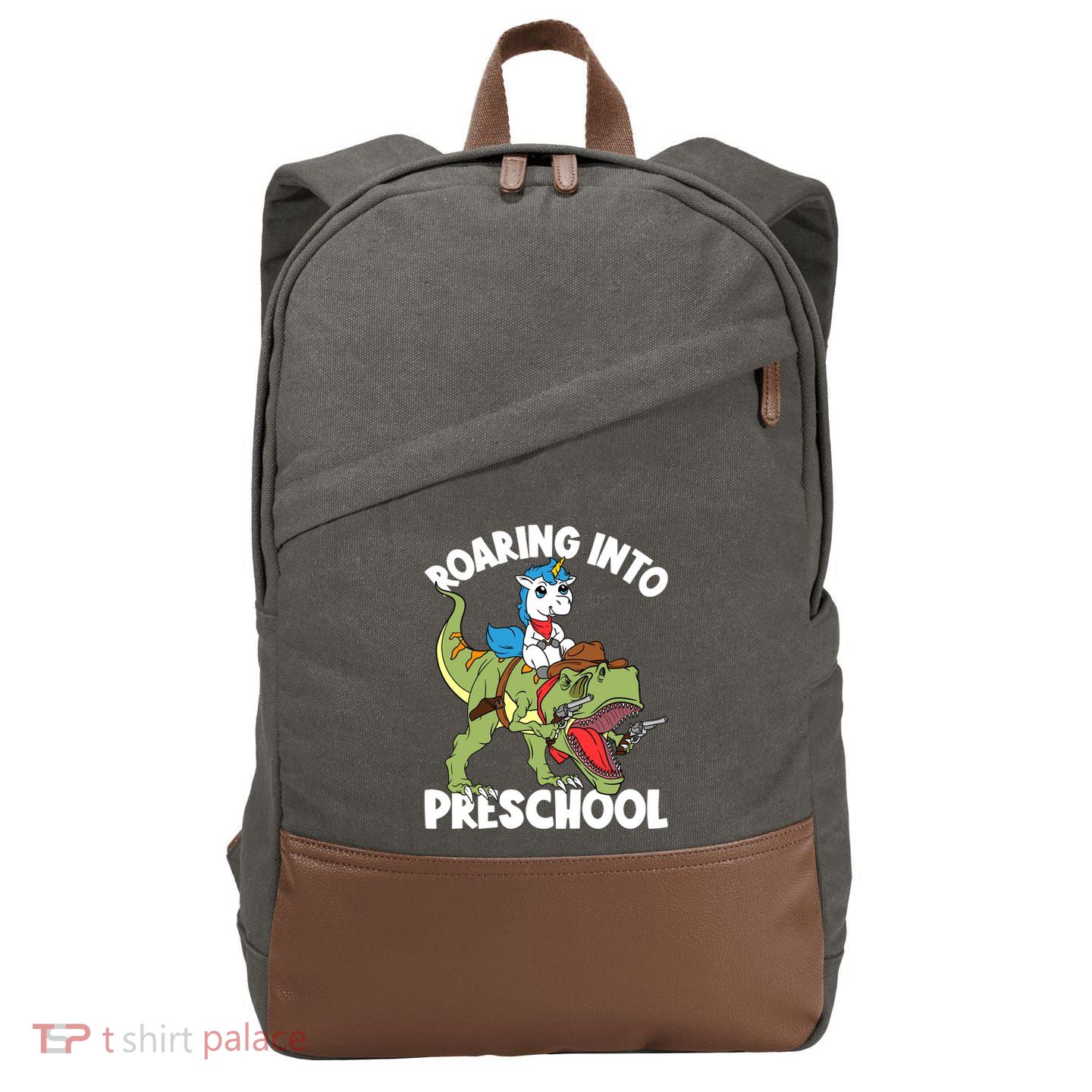 Roaring Into Preschool Unicorn Riding Dinosaur Great Gift Cotton Canvas Backpack