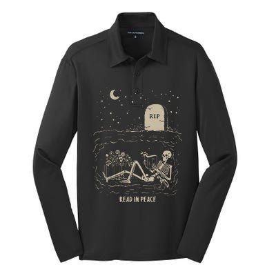 Read In Peace Halloween Retro Read Banned Books Silk Touch Performance Long Sleeve Polo