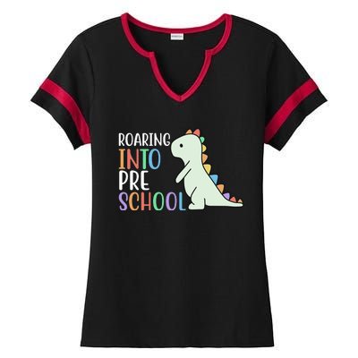 Roaring Into Pre School Cute Dinosaur Ladies Halftime Notch Neck Tee