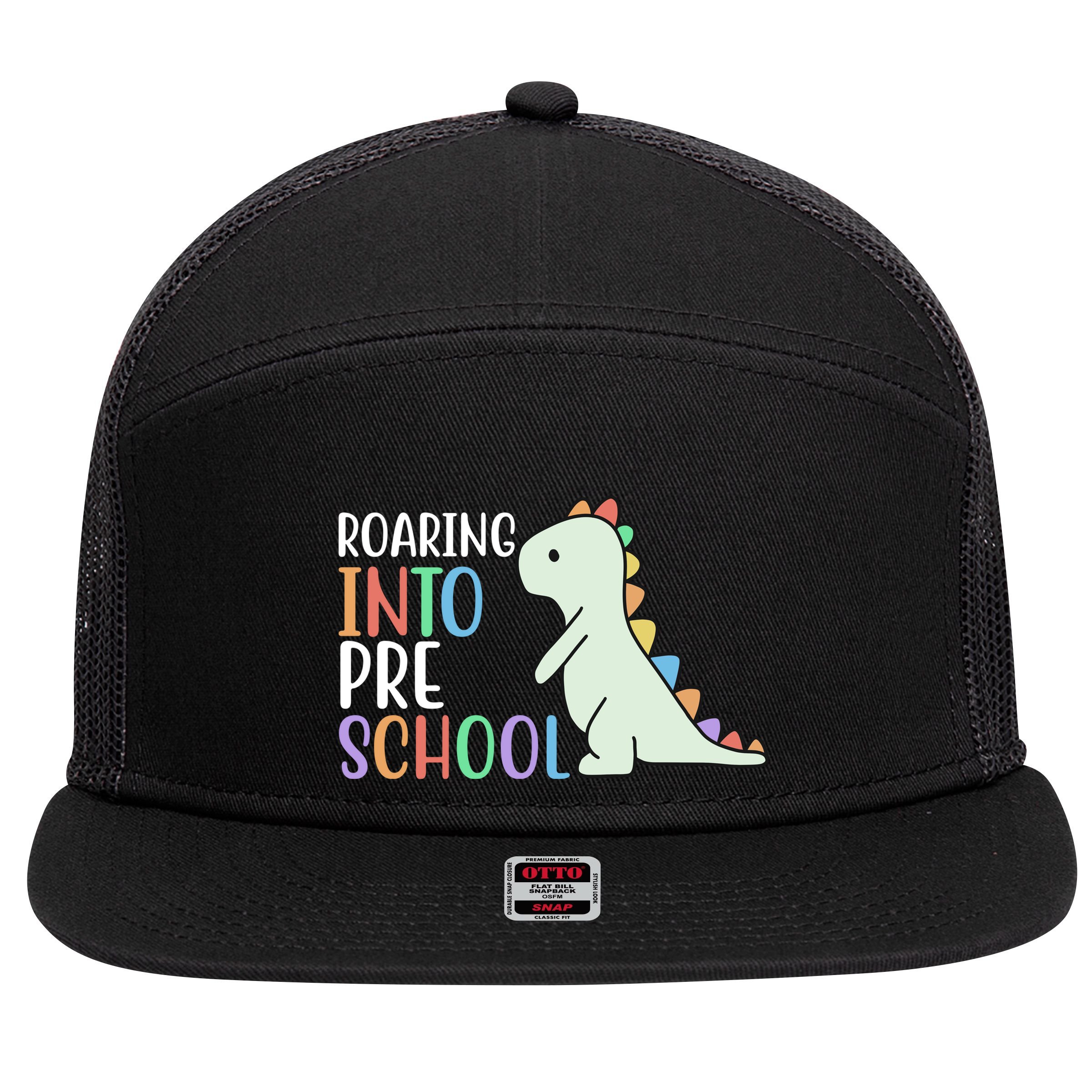 Roaring Into Pre School Cute Dinosaur 7 Panel Mesh Trucker Snapback Hat