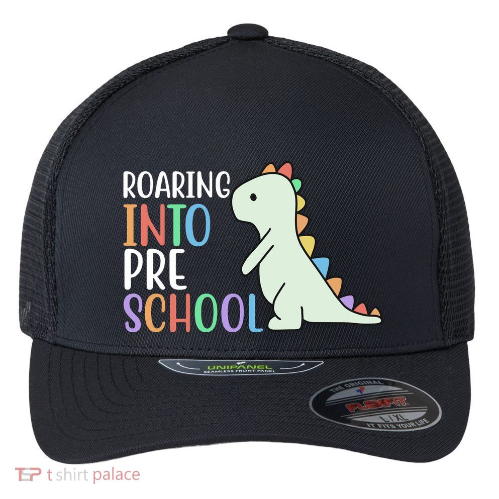Roaring Into Pre School Cute Dinosaur Flexfit Unipanel Trucker Cap