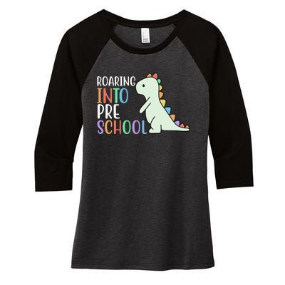 Roaring Into Pre School Cute Dinosaur Women's Tri-Blend 3/4-Sleeve Raglan Shirt