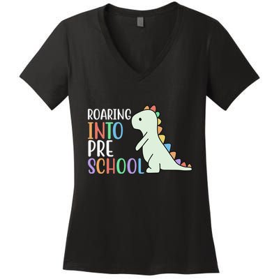 Roaring Into Pre School Cute Dinosaur Women's V-Neck T-Shirt