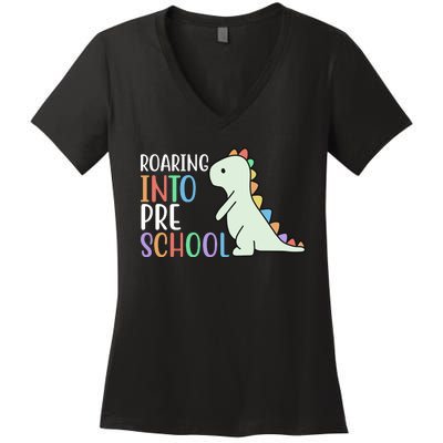 Roaring Into Pre School Cute Dinosaur Women's V-Neck T-Shirt