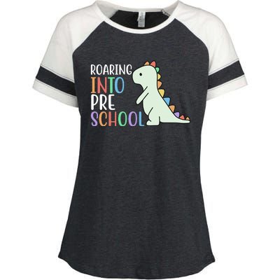 Roaring Into Pre School Cute Dinosaur Enza Ladies Jersey Colorblock Tee