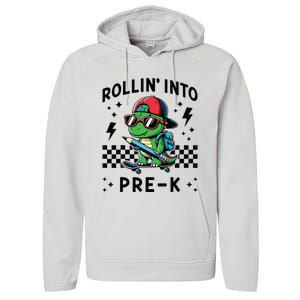 Rollin Into Pre K Dinosaur First Day Prek Im Ready For Prek Performance Fleece Hoodie