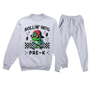 Rollin Into Pre K Dinosaur First Day Prek Im Ready For Prek Premium Crewneck Sweatsuit Set