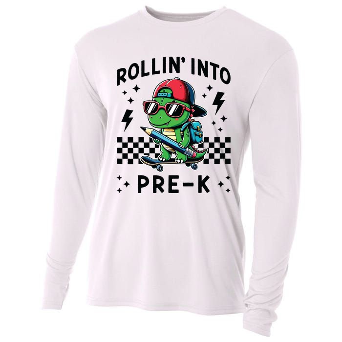 Rollin Into Pre K Dinosaur First Day Prek Im Ready For Prek Cooling Performance Long Sleeve Crew