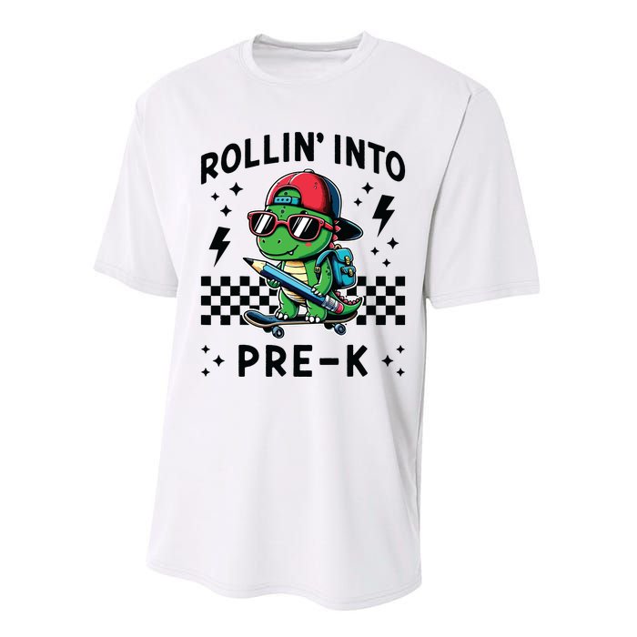 Rollin Into Pre K Dinosaur First Day Prek Im Ready For Prek Performance Sprint T-Shirt