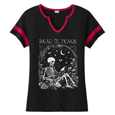 Read In Peace Skeleton Reading Teacher Spooky Halloween Ladies Halftime Notch Neck Tee