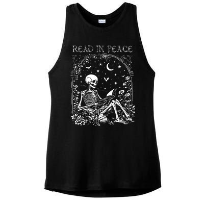 Read In Peace Skeleton Reading Teacher Spooky Halloween Ladies PosiCharge Tri-Blend Wicking Tank