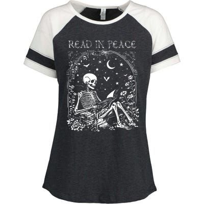 Read In Peace Skeleton Reading Teacher Spooky Halloween Enza Ladies Jersey Colorblock Tee