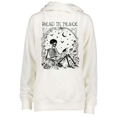 Read In Peace Skeleton Reading Teacher Spooky Halloween Womens Funnel Neck Pullover Hood