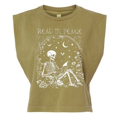 Read In Peace Skeleton Reading Teacher Spooky Halloween Garment-Dyed Women's Muscle Tee