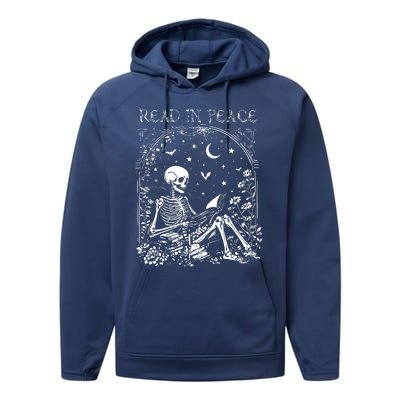 Read In Peace Skeleton Reading Teacher Spooky Halloween Performance Fleece Hoodie