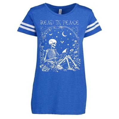 Read In Peace Skeleton Reading Teacher Spooky Halloween Enza Ladies Jersey Football T-Shirt