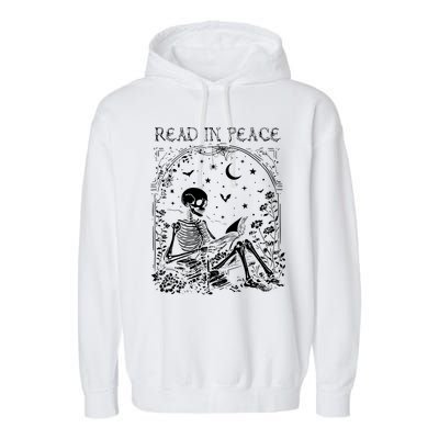 Read In Peace Skeleton Reading Teacher Spooky Halloween Garment-Dyed Fleece Hoodie