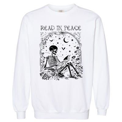 Read In Peace Skeleton Reading Teacher Spooky Halloween Garment-Dyed Sweatshirt