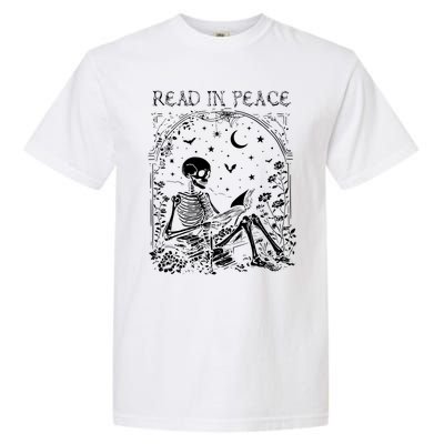 Read In Peace Skeleton Reading Teacher Spooky Halloween Garment-Dyed Heavyweight T-Shirt