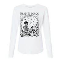 Read In Peace Skeleton Reading Teacher Spooky Halloween Womens Cotton Relaxed Long Sleeve T-Shirt