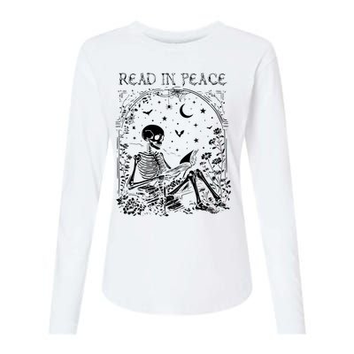 Read In Peace Skeleton Reading Teacher Spooky Halloween Womens Cotton Relaxed Long Sleeve T-Shirt