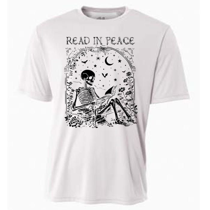 Read In Peace Skeleton Reading Teacher Spooky Halloween Cooling Performance Crew T-Shirt