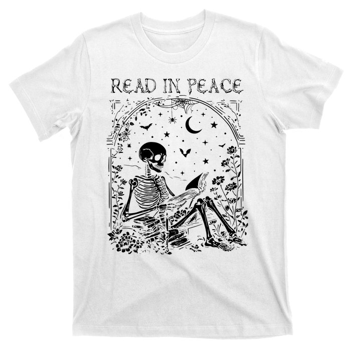 Read In Peace Skeleton Reading Teacher Spooky Halloween T-Shirt