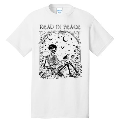 Read In Peace Skeleton Reading Teacher Spooky Halloween Tall T-Shirt