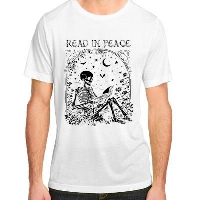 Read In Peace Skeleton Reading Teacher Spooky Halloween Adult ChromaSoft Performance T-Shirt