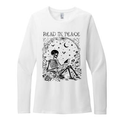 Read In Peace Skeleton Reading Teacher Spooky Halloween Womens CVC Long Sleeve Shirt