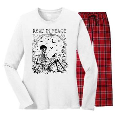 Read In Peace Skeleton Reading Teacher Spooky Halloween Women's Long Sleeve Flannel Pajama Set 