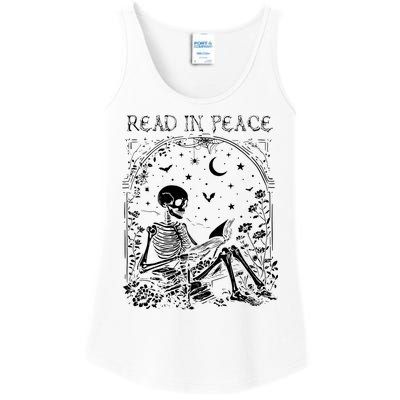 Read In Peace Skeleton Reading Teacher Spooky Halloween Ladies Essential Tank