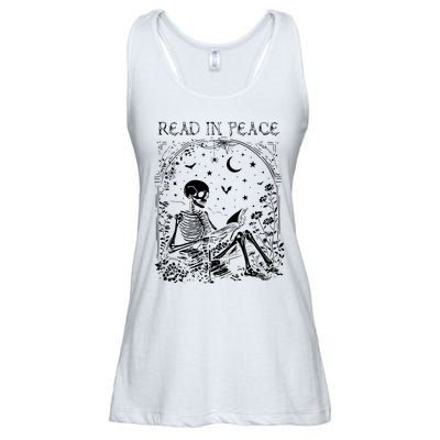 Read In Peace Skeleton Reading Teacher Spooky Halloween Ladies Essential Flowy Tank