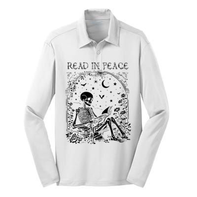 Read In Peace Skeleton Reading Teacher Spooky Halloween Silk Touch Performance Long Sleeve Polo