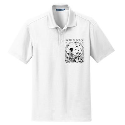 Read In Peace Skeleton Reading Teacher Spooky Halloween Dry Zone Grid Polo