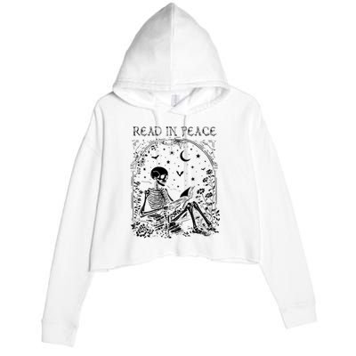 Read In Peace Skeleton Reading Teacher Spooky Halloween Crop Fleece Hoodie