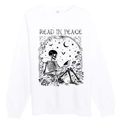 Read In Peace Skeleton Reading Teacher Spooky Halloween Premium Crewneck Sweatshirt