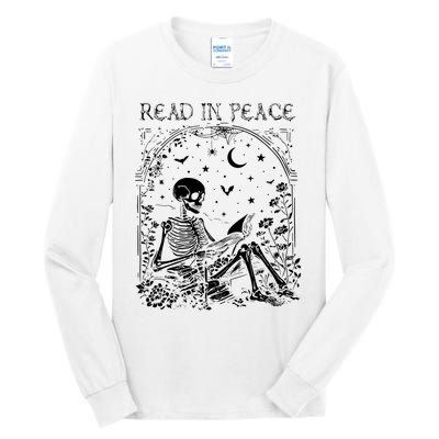 Read In Peace Skeleton Reading Teacher Spooky Halloween Tall Long Sleeve T-Shirt