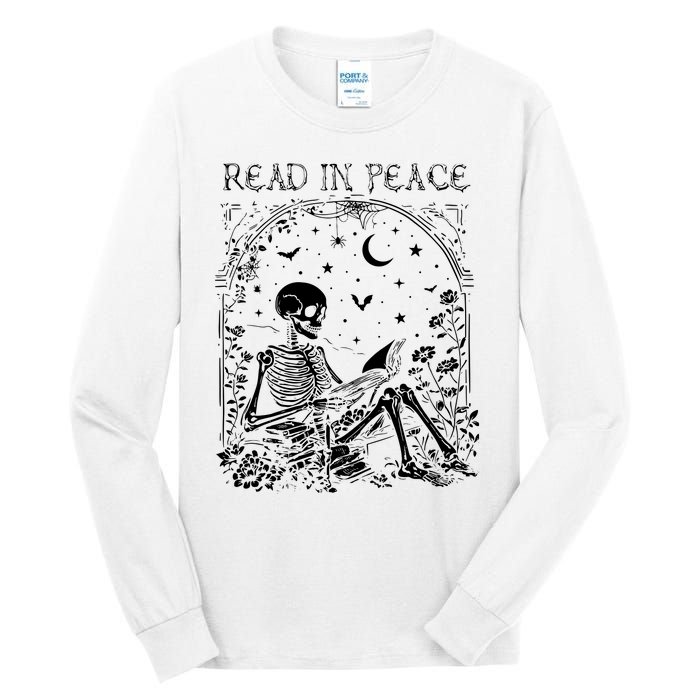 Read In Peace Skeleton Reading Teacher Spooky Halloween Tall Long Sleeve T-Shirt