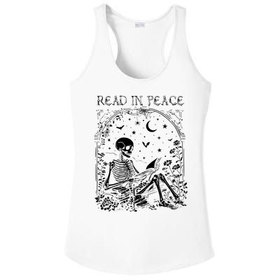 Read In Peace Skeleton Reading Teacher Spooky Halloween Ladies PosiCharge Competitor Racerback Tank