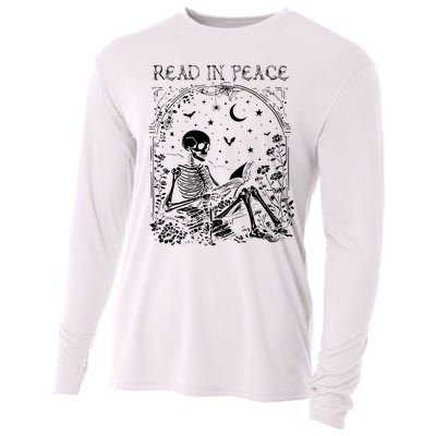 Read In Peace Skeleton Reading Teacher Spooky Halloween Cooling Performance Long Sleeve Crew