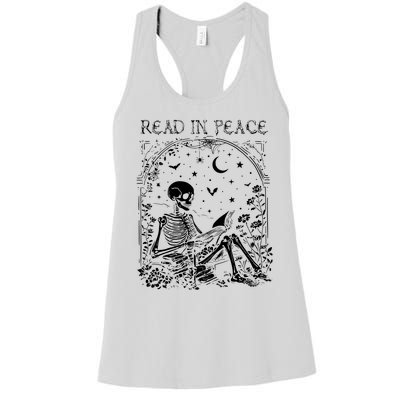 Read In Peace Skeleton Reading Teacher Spooky Halloween Women's Racerback Tank