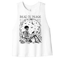 Read In Peace Skeleton Reading Teacher Spooky Halloween Women's Racerback Cropped Tank